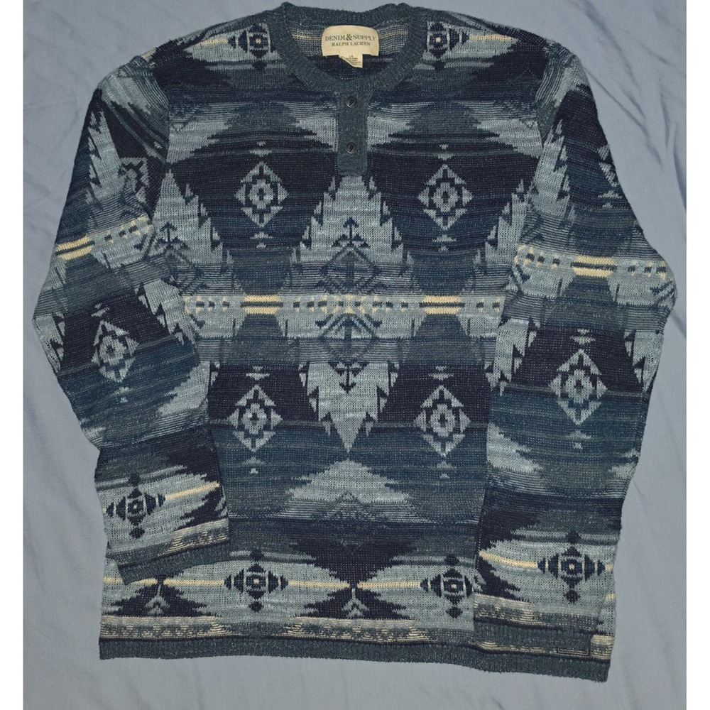 Denim & Supply Ralph Lauren Southwestern Aztec Pullover Sweater Mens L Blue